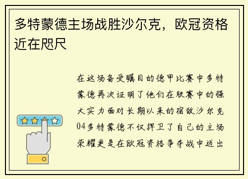 多特蒙德主场战胜沙尔克，欧冠资格近在咫尺