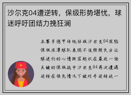 沙尔克04遭逆转，保级形势堪忧，球迷呼吁团结力挽狂澜